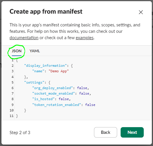 JSON tab in manifest editor